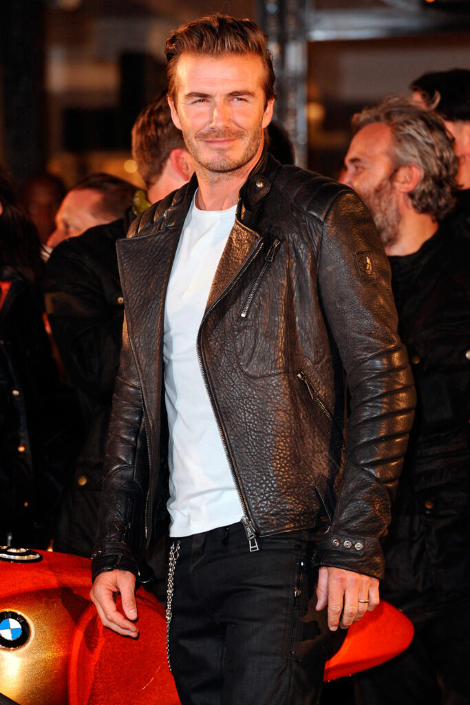 David Beckham wearing a leather Belstaff Outlaw Jacket at short film premiere