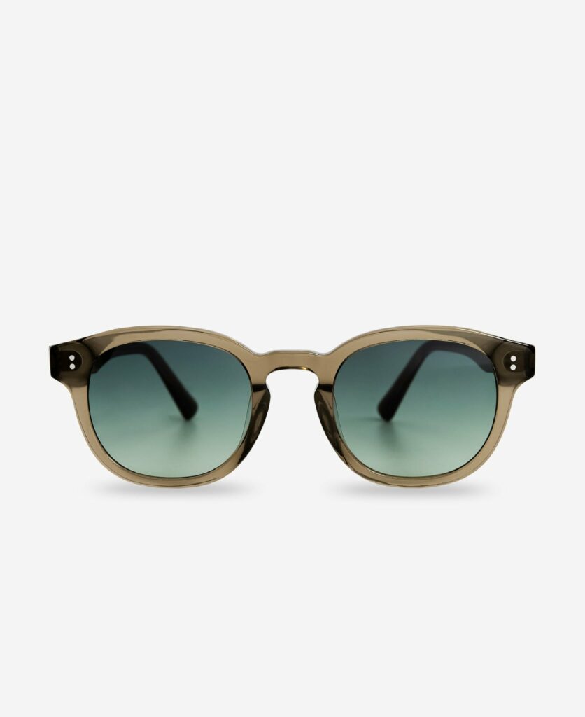 Green sunglasses pictured straight on and against a white background.