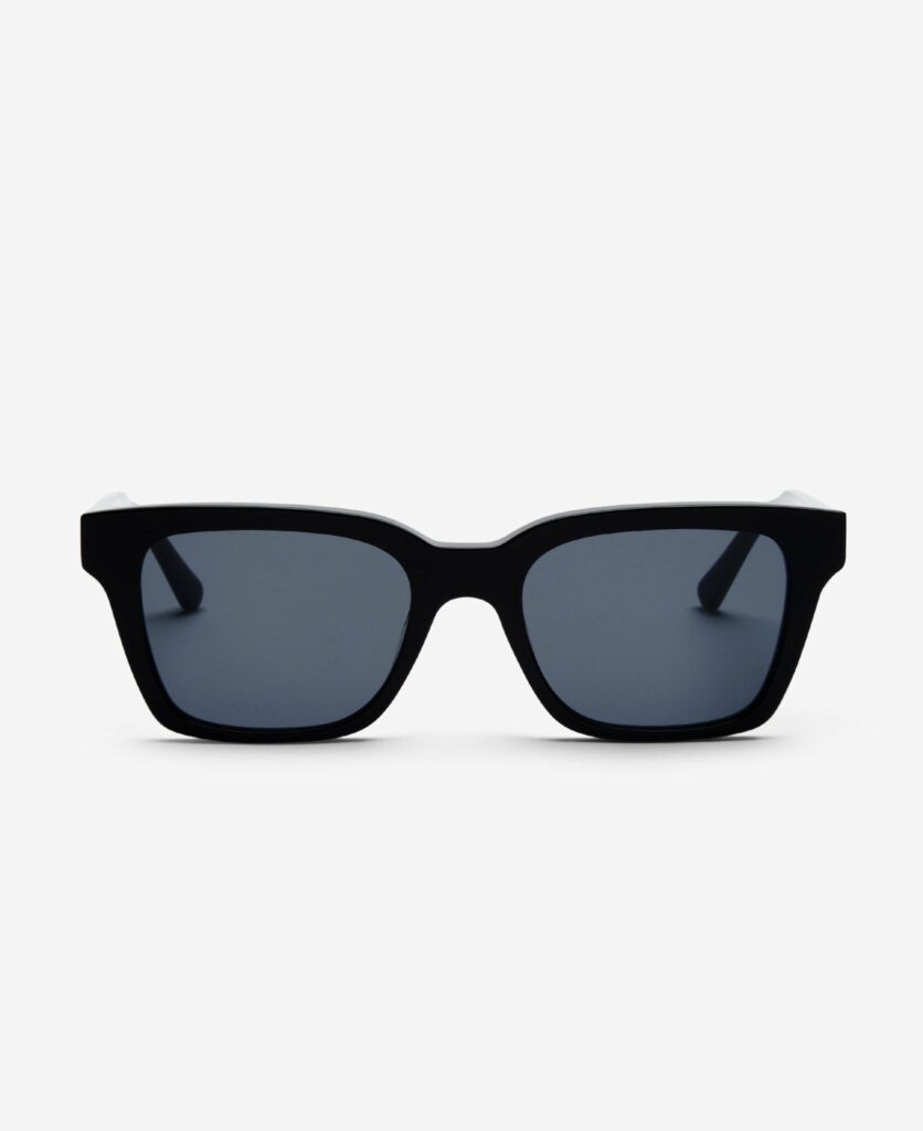 A black pair of sunglasses, pictured from the front against a white background.