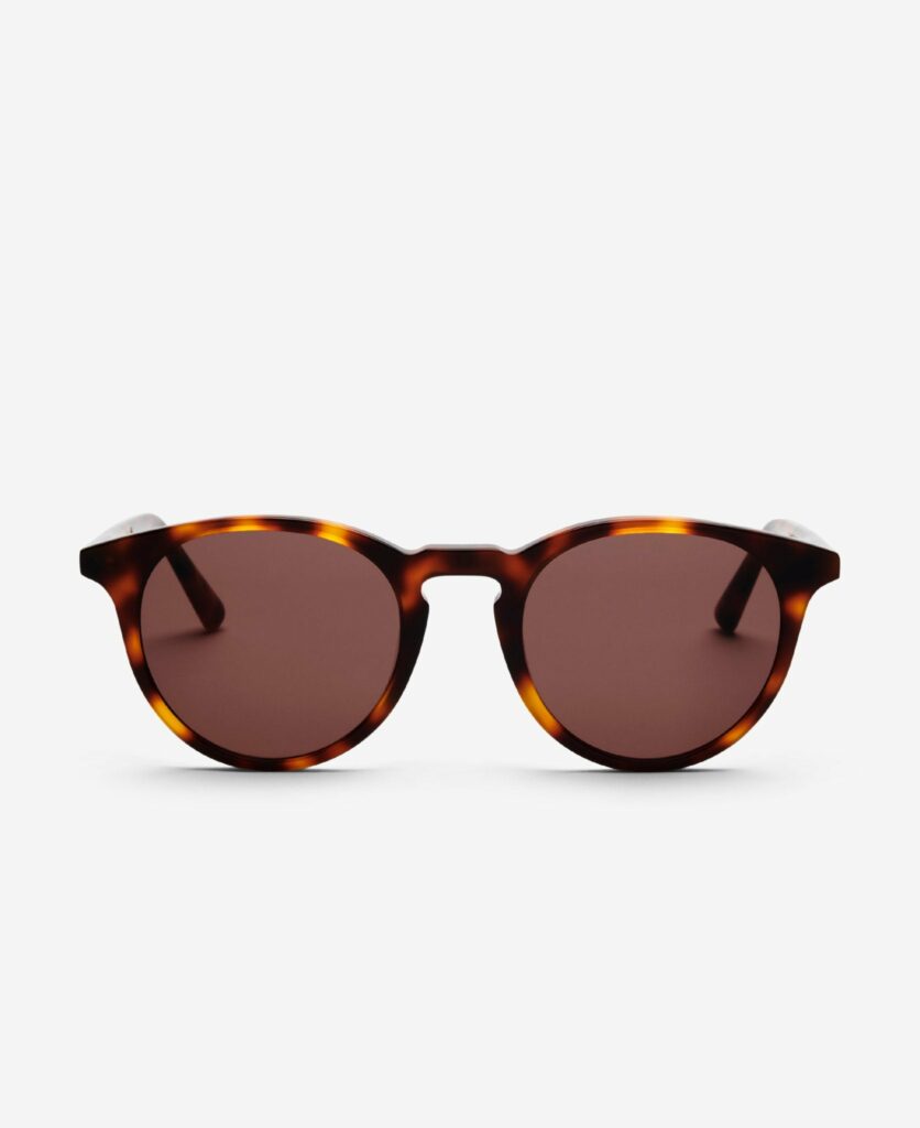 Brown sunglasses pictured front on and against a white background.