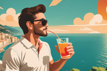 Man wearing sunglasses drinking a cocktail by the sea