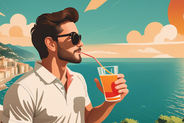 Man wearing sunglasses drinking a cocktail by the sea